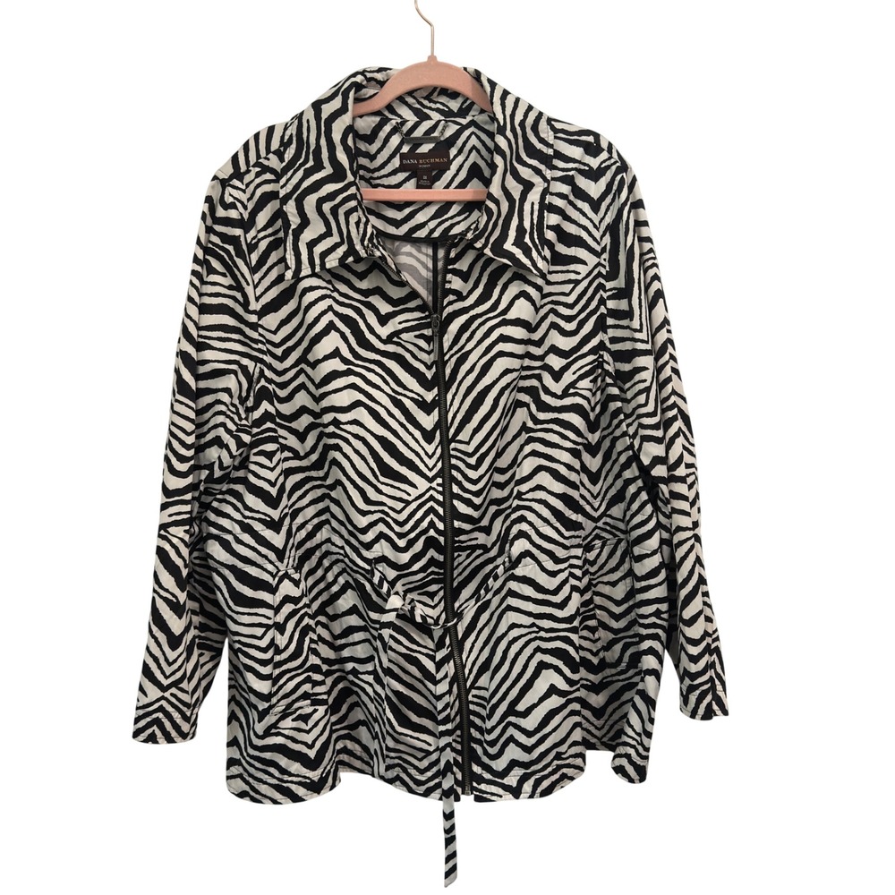Dana Buchman Light Jacket Zebra Print Black White Cotton Blend Zip Front 3X